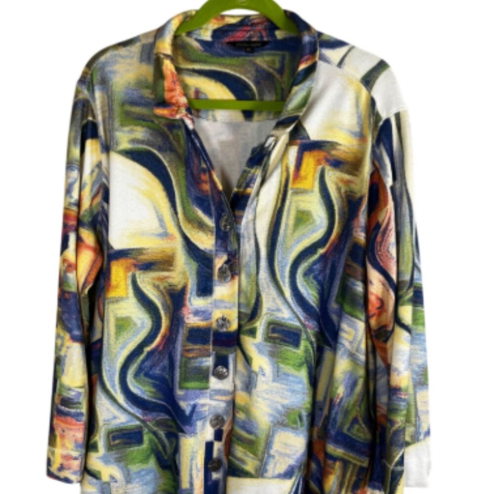 Colorful Abstract Art Wear Tunic Top Blue 1X Tropical Artsy Boho Festival‎ Chic